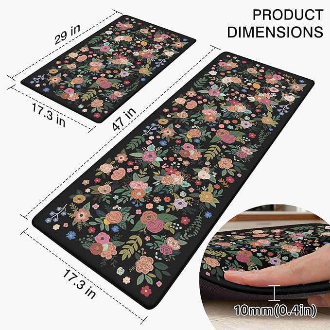 Anti Fatigue Boho Kitchen Rugs Set of 2, Floral Kitchen Mats for Floor, Farmhouse Kitchen Decor, Anti-Slip and Anti-Fatigue Foam Standing Mat,17x30 inch Sink Mat+17x48 inch Runner Rug Black