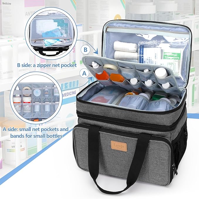 LUXJA 2 Layers Medicine Bag with Detachable Divider, Pill Bottle Organizer Suitable for Home or Travel Use, Gray