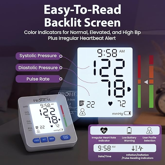 Blood Pressure Monitor for Home Use with Large Upper Arm Cuff - Automatic Talking Pulse and BP Machine with 240 Memory Recalls for 3 Users - Carrying Bag and Batteries Included, Backlit Digital LCD