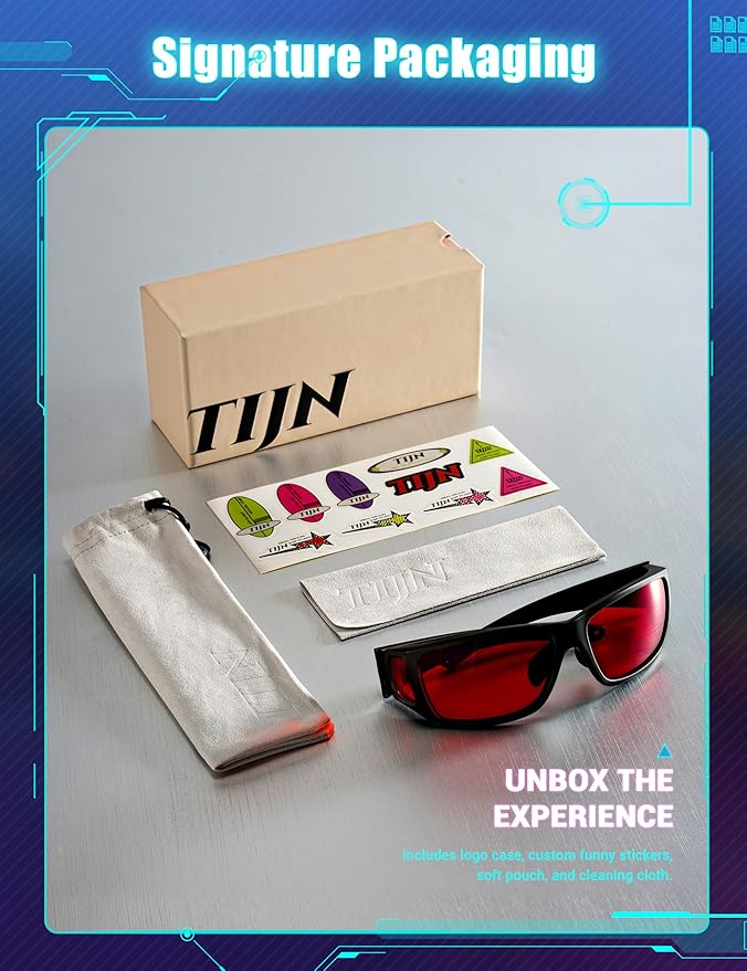 TIJN Sonia Red Sleep Glasses Orange Lens for Blue & Green Light Blocking,Dual AR Coating,Wraparound Frame for Gaming Screen