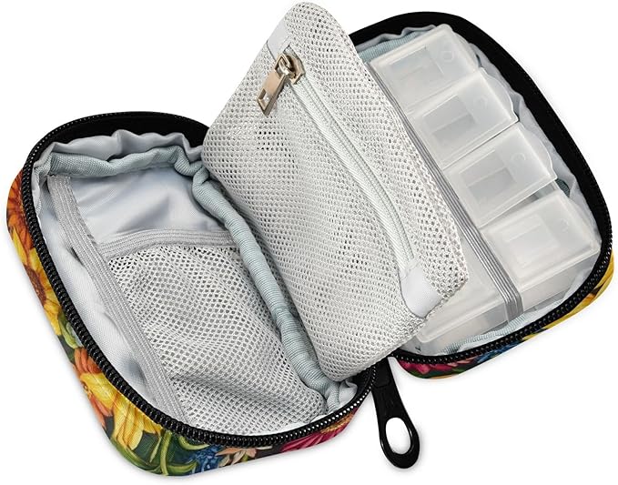 Travel Pill Case Sunflowers Flowers Leaf Weekly Small Pill Box 7 Day Pill Box Pill Organizer Bag