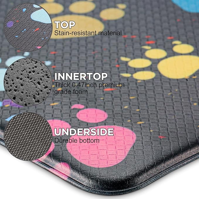 Extra Large Cushioned Anti-Fatigue Kitchen Mats, Waterproof Non-Skid Kitchen Rugs Ergonomic Comfort Standing Mat for Kitchen, Home, Office, Sink, Laundry, Colorful Paws (Multicolor)
