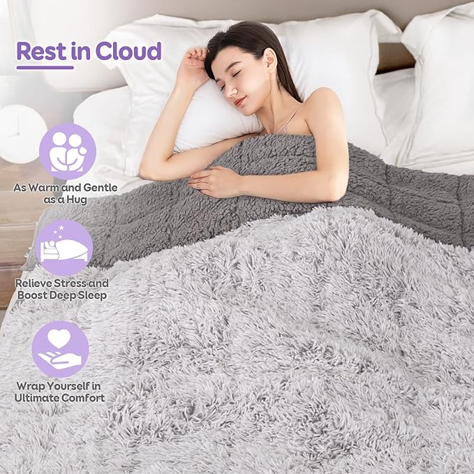 Cottonblue Faux Fur Weighted Blanket Queen Size, Fluffy Weighted Blanket 15 Pounds for Adults, Cozy Warm Fuzzy Sherpa Reverse Heavy Blanket for Sofa Bed Couch, 60 x 80 Inches, Morandi Grey