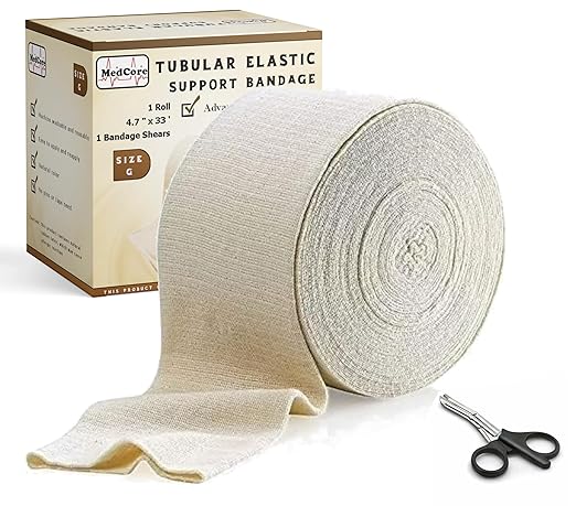 Tubular Compression Bandage Size G (4.7” x 33 ft) – Elastic Stockinette Support Sleeve for Large Thighs and Quads, Small Trunks – Cut-to-Fit, Washable Reusable, No Pins/Tape – Plus Medical Scissors