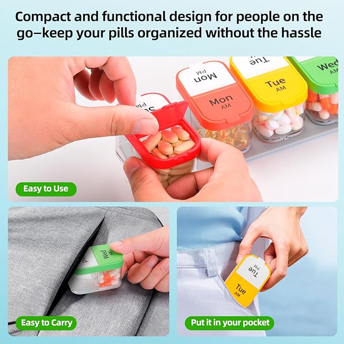 Weekly Pill Organizer,Extra Large Am Pm Medicine Container with Removable Compartments, BPA-Free Pill Sorters 7 Days 2 Times a Day for Vitamins and Supplements
