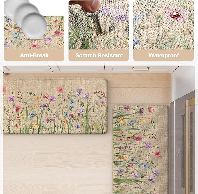 KIMODE Kitchen Anti Fatigue Mats, Farmhouse Flower Kitchen Rugs Sets of 2, Memory Foam Kitchen Mats for Floor, Waterproof Non Skid Standing Mats for Sink Laundry Office Desk Brown 20"x71"+20"x32"