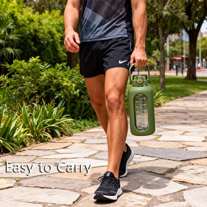 Glass Water Bottle with Straw and Handle Lid Half Gallon Motivational Glass Bottle with Silicone Sleeve and Time Marker Large Reusable Sports Water Jug for Gym Home Workout