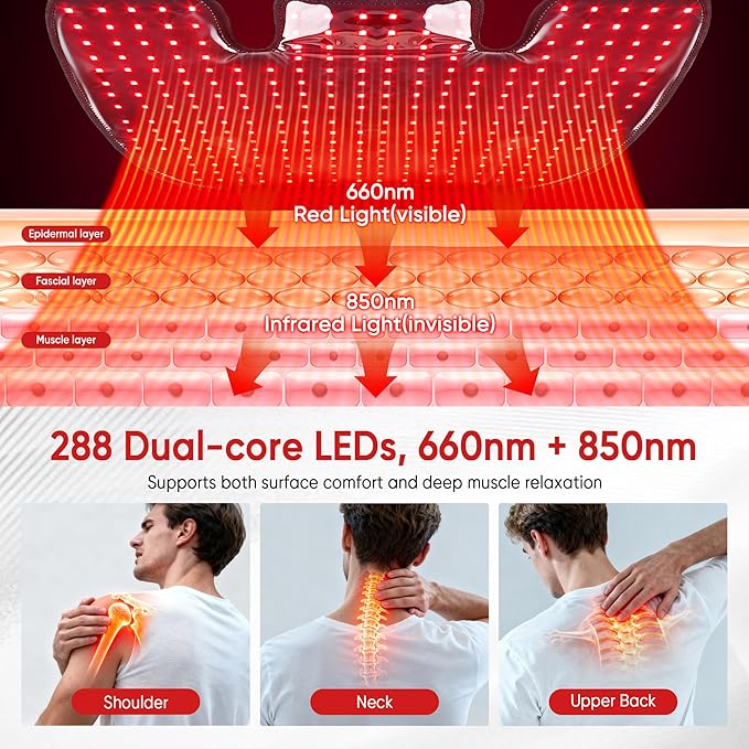 Red Light Therapy for Neck and Shoulders,288 Infrared Light Therapy for Neck Shoulder Pain Relief,660nm & 850nm Red Light Therapy Pad,Shoulder Wrap with Timer Remote Control for Home and Office Use