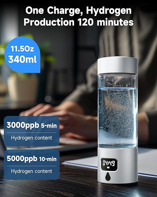 Hydrogen Water Bottle - Portable Rechargeable Water Bottle with LED Timer, Aluminum and Glass, 5000 PPB Hydrogen Production, Gift for Husband Wife Father Friend Client (Silver, 11.6Oz)
