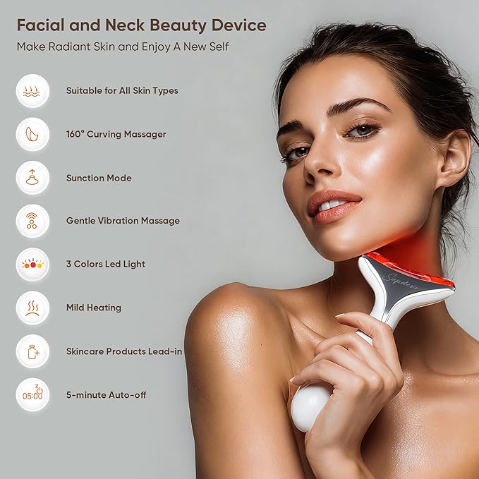 3-in-1 for Aurora Red Light for Face & Neck Beauty Massager, with Suction, Vibration, Heat, 3 Light Therapies for Skin Glow, Face Lift, Neck Firm, White