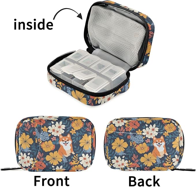 Fustylead Cute Cartoon Shiba Inu and Beautiful Flowers Pill Organizer Travel Portable Zipper Cloth Bag for Holding Weekly Supplements Vitamins and Fish Oils