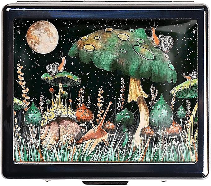 7 Days Chromed Shiny Silver Pill Organizer with Mirror Inside Has 8 Separate Compartments Rectangle 7 Days Pill Box Pill Case (Magic Mushroom)