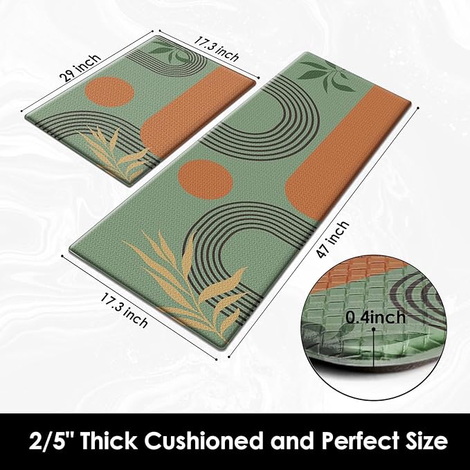 Kitchen Mats for Floor 2 PCS, Anti Fatigue Mat Set, Boho Cushioned Non Slip Waterproof Kitchen Rugs, Wipe Clean PVC Leather Runner for Sink, Laundry, Office, 17"x47"+17"x29", Dark Green