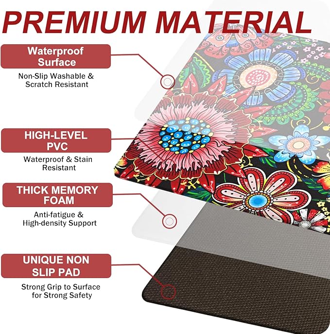 Likiyol Boho Kitchen Rugs Floral Kitchen Mats for Floor Bohemian Cushioned Anti Fatigue Mats for Kitchen Floor Non Slip Washable Kitchen Mat for Home, Sink, 18''x30''+18''x48''+18''x60'', Red