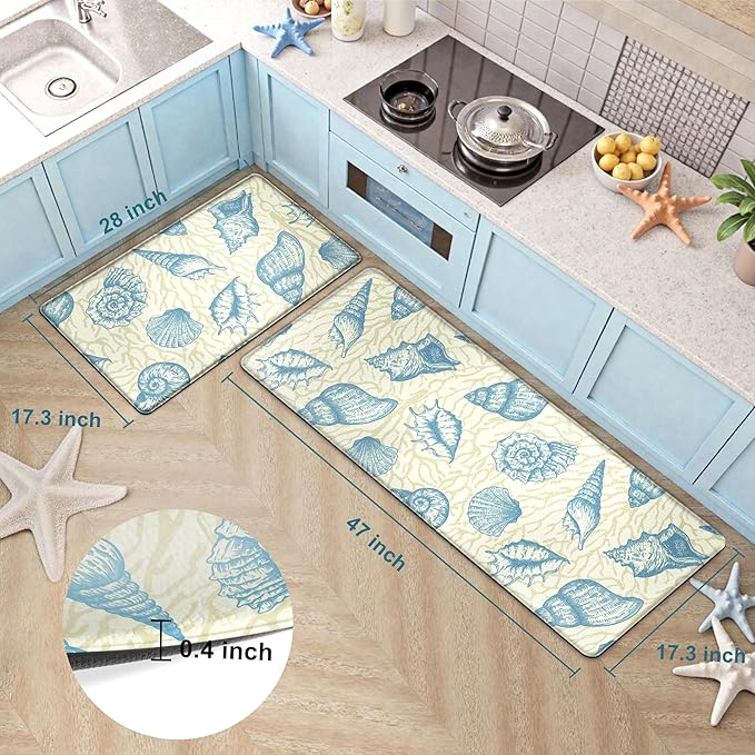 Kitchen Mats for Floor Cushioned Anti Fatigue Sets of 2 Beach Theme Kitchen Rugs Non Slip Waterproof Coastal Foam Kitchen Floor Rug Nautical Coral Seashell Comfort Standing Mat for Sink Laundry, Blue