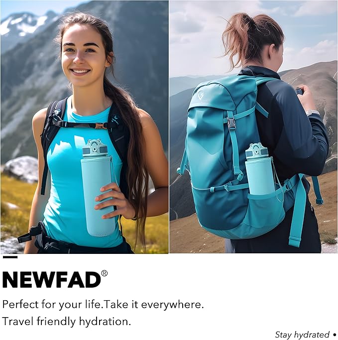 Water Bottle with Straw, Motivational 32 oz Water Bottles with Time Marker & No Sweat Sleeve, BPA Free Leak Proof Gym Bottle with Times to Drink