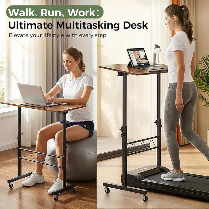 GTPLAYER Small Standing Desk Adjustable Height, 30.7"-46.4" Portable Computer Table Mobile Desk Workstation Stand Up Desk with Wheels Compact Rolling Table for Home Work Treadmill Walking Pad Brown