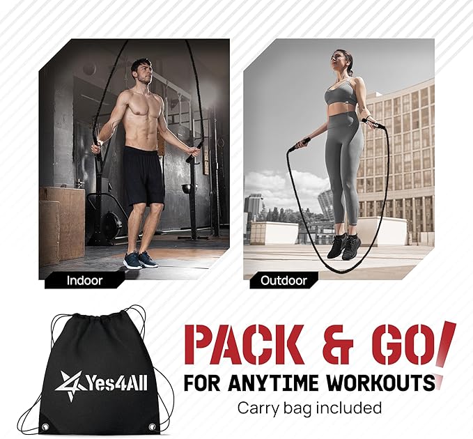Yes4All Weighted Jump Rope, 2.8LB Heavy Skipping Rope with Anti-Slip Double Layer Handle & Protective Sleeve for Fitness, Cardio, Muscle Training - Carry Bag Included