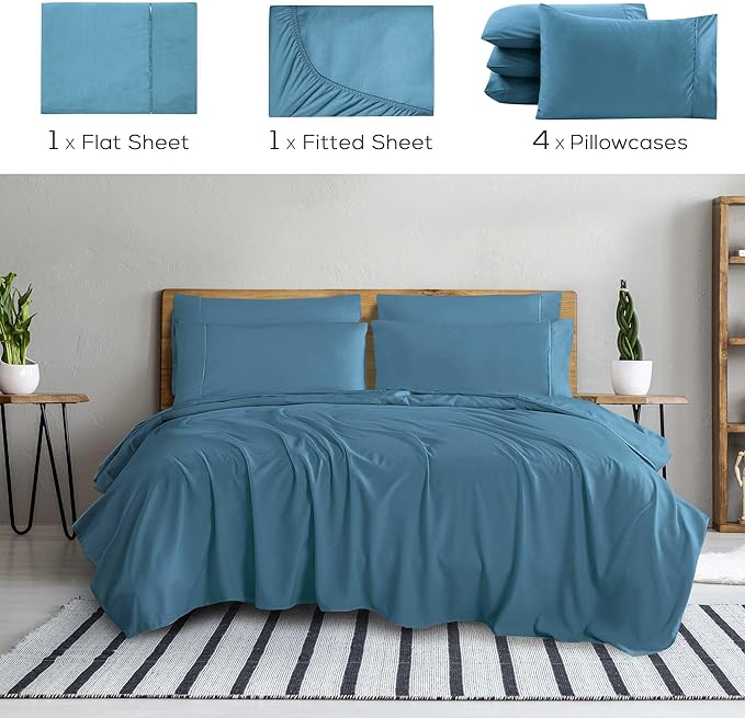 Mueller Luxury 6 Piece Queen Sheet Set - Ultra-Soft 1800 Series, Cooling & Breathable Hotel Quality Bed Sheets, Deep Pocket up to 16" - Hypoallergenic, Wrinkle-Resistant, Oeko-TEX, Denim