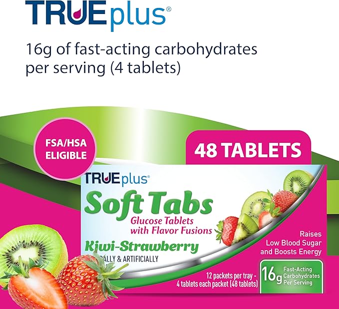 TRUEplus Soft Tabs Glucose Tablets, Chewable, Kiwi Strawberry Flavor, 16g Fast-Acting Carbohydrates, Fat Free, Gluten Free, Raise Low Blood Sugar and Boost Energy, 4 Count, 12 Packs