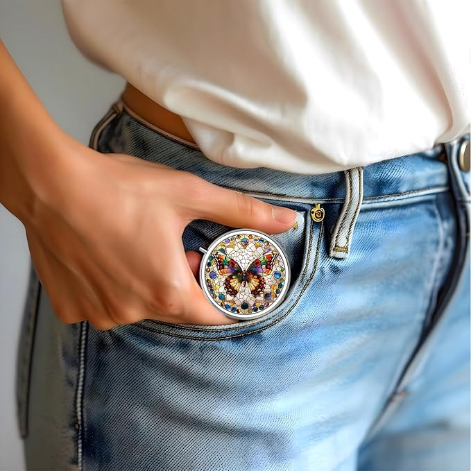 Pill Box-3 Compartment Small Pill Case for Purse & Pocket Mini Metal Pill Holder Travel Pill Container to Hold Supplements Vitamins BPA-Free (Gemstone Butterfly)