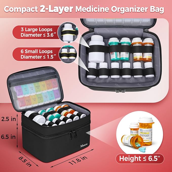 Mancro Dual Layers Medicine Organizer Bag, Pill Bottle Organizer Storage with Lockable Zipper, Medication Travel Bag for Pills, Vitamins, Medical Supplies for Home Storage, XL