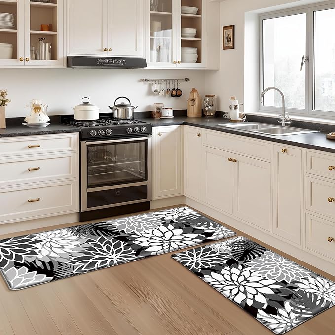 Kitchen Mats for Floor 2PCS Cushioned Anti Fatigue Kitchen Mats Waterproof Non Slip Kitchen Mat Rug Set Comfort Foam Standing Mat for Sink, Laundry, Office, Black White