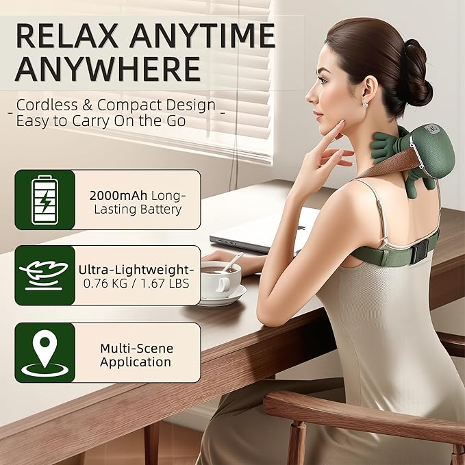 Neck Massager with Heat, Bionic Portable Shiatsu Neck and Back Massager, Electric Shoulder Massagers with Fingers for Pain Relief Deep Tissue, Simulated Human Hand Design 4D Kneading, Green