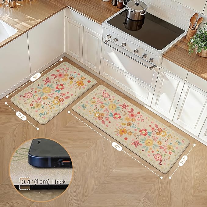 GENIMO Kitchen Mats for Floor 2PCS, Cushioned Kitchen Rugs Non Slip Washable, Farmhouse Anti Fatigue Mat Waterproof, Comfort Standing Mat Rug for Office, Home, Laundry, 17.3"x47"+17.3"x30", Beige