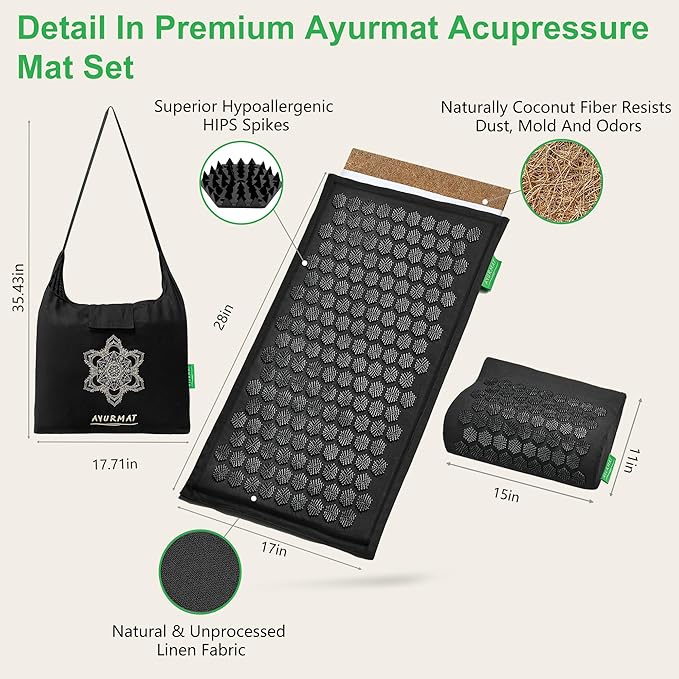 Premium Acupressure Mat and Pillow Set - Natural Eco-Friendly Linen & Coconut Fiber,Ergonomic Design,Relieves Stress & Tension,with Carrying Bag,Full Body Pro Set