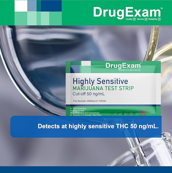 5 Pack - DrugExam Made in USA Highly Sensitive Marijuana THC Testing Drug Test Strip Kit - Drug Test with 50 ng/mL Cutoff Level for Detecting Any Form of THC in Urine up to 35 Days. Urine Test Strips