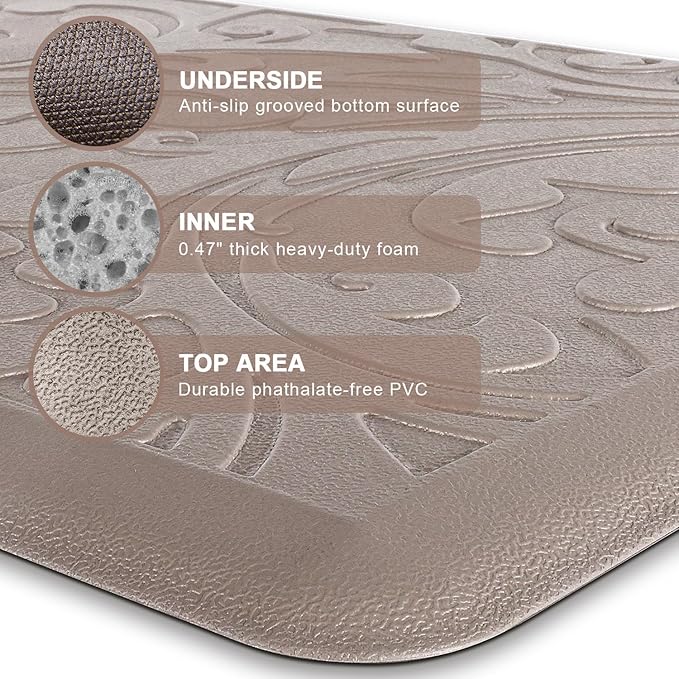 KMAT Kitchen Mat Cushioned Anti-Fatigue Waterproof Non-Slip Standing Mat Ergonomic Comfort Rug for Home,Office,Sink,Laundry,Desk 17.3" (W) x 28"(L),Khaki