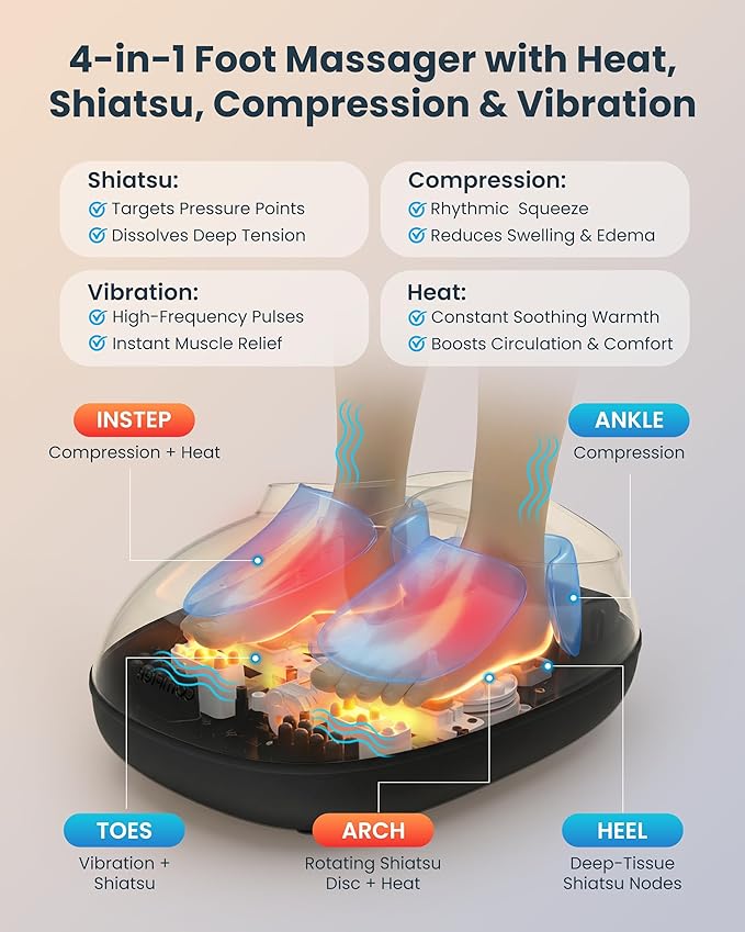 COMFIER 4-in-1 Heated Foot Massager with Shiatsu, Compression & Vibration, Independent Controls, 3 Levels, Toe Touch Control, Large Size Fits Up to 14, Gifts for Mom Dad, Home Office use