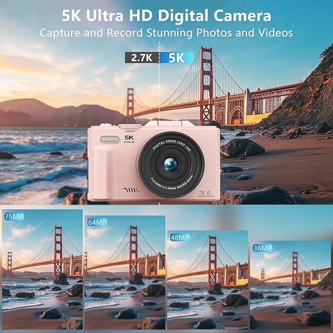 4K/5K Digital Camera – 75MP UHD Vlogging Camera for Photography & Video, WiFi, Autofocus, 3" Flip Screen, 18X Zoom – Compact Starter Kit (Pink)