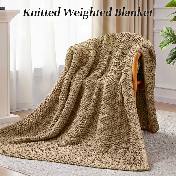 Knitted Weighted Blanket for Adult, Chunky Knit Weighted Throw for Sleep 60"*80" 20lbs, Cooling Breathable Machine Washable Fall Heavy Blanket for Room Decor (Beige, Queen)