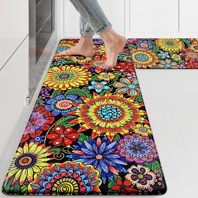 Likiyol Boho Kitchen Rugs, Boho Floral Anti Fatigue Kitchen Mat for Floor, Bohemian Flowers Non Slip Washable Kitchen Floor Mats, Comfort Standing Mat, 18'' x 30''+18''x48'', Yellow