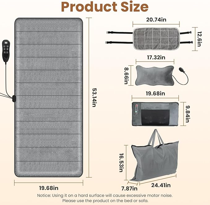 Full Body Massage Mat with Heat, Full Body Vibrating Heating Pad with Movable Shiatsu Neck Massage Pillow, 10 Vibrating Motors & 3 Heating Pads, Back Massager for Pain Relief