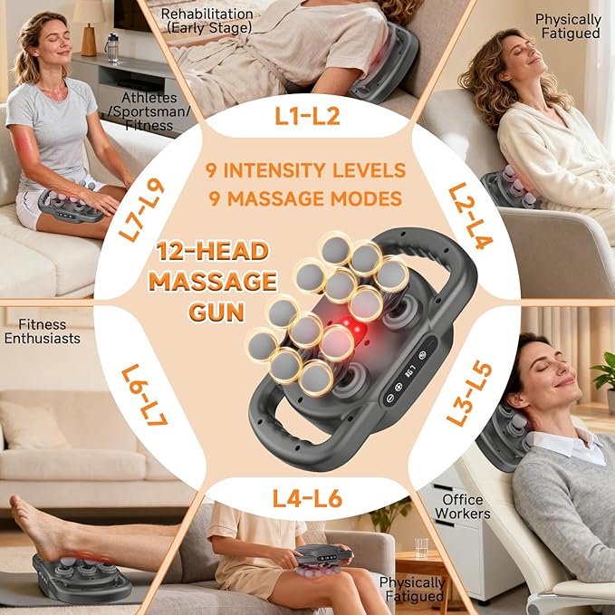 12 Head Massage Gun,Deep Tissue Percussion Massager with 9 Levels & 9 Modes,2600mAh Bttery Cordless Electric Muscle Massager Tool for Back/Shoulder/Hand/Leg/Foot Full Body Muscle Pain Relief