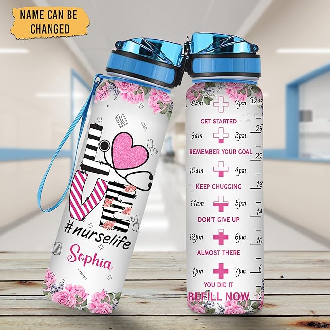 Hyturtle Personalized Love Nurse life 32oz 1Liter Motivational Water Bottle, Customized Water Bottle Funny Nurse, Gifts For Nurses Graduation|Appreciation Present For Women Coworkers