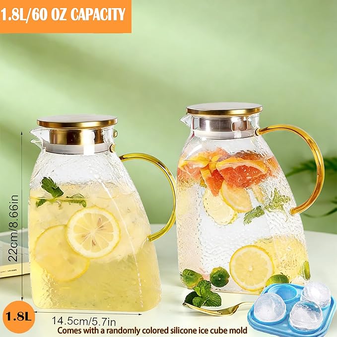 Water Pitcher, Fridge Door Glass Pitcher With Stainless Steel Lid, 1.8 Liter 60 oz High Borosilicate Glass Jug, Leakproof Fridge Door Carafe Jug for Hot/Cold Water Iced Tea Juice Coffee Beverage