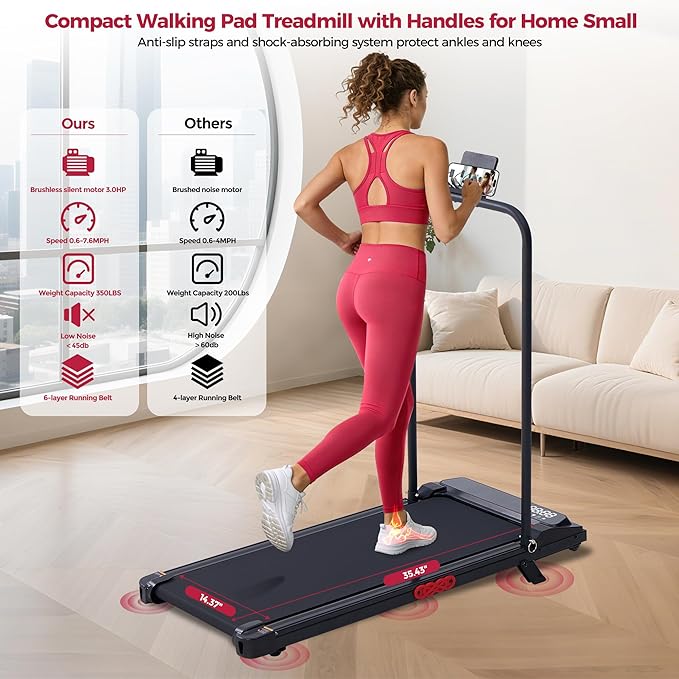 Walking Pad with Handle Bar and Incline, 3.0HP Under Desk Treadmill for Home Small Space, 0.6-7.6MPH Portable Walking Pad Treadmill with Handles, 350LBS, 2026 Upgrade