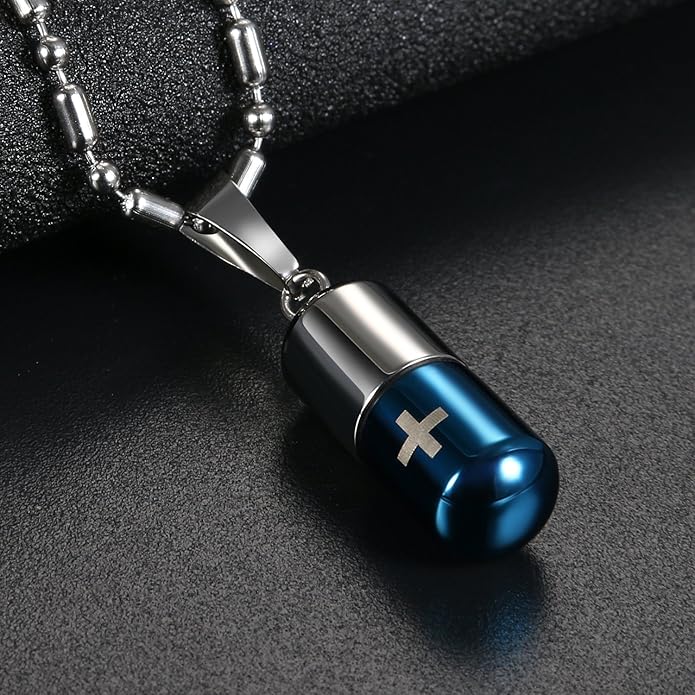 OIDEA Stainless Steel Pill Case Capsule Cross Medicine Keepsake Pendant Necklace Jewelry for Women and Men 22 inch Chain