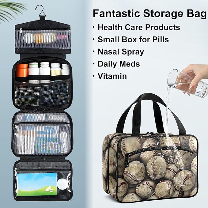 Fustylead Rustic Baseball Sport Themed Farmhouse Travel Medicine Organizer Bag Home Storage First Aid Kit Large Pill Case with Zipper for Pill Bottle, Vitamins, and Medical Supplies