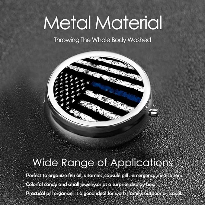 Pill Box, Small Pill Organizer with 3 Compartments and Mirror, Cute Round Portable Travel Metal Pill Case for Pocket or Purse, Privacy-Protecting Medicine Box-Black Blue Tree Leaves American Flag