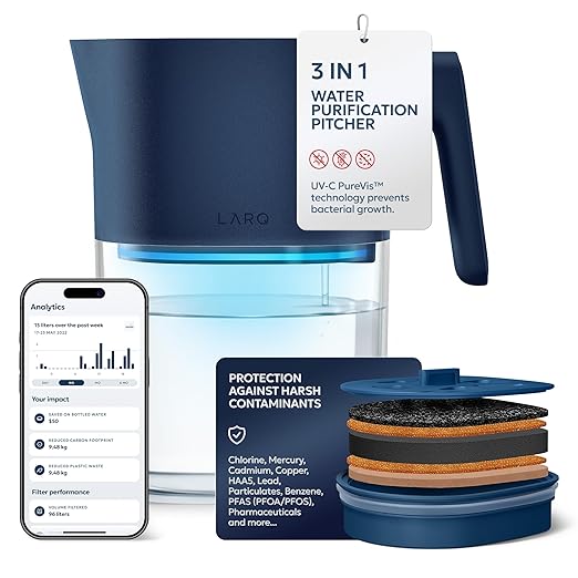 LARQ PureVis 3-in-1 Water Pitcher – Purifier, Filter & Tracking, 8-Cup Water Purifier Pitcher with Advanced Filter for Clean & Crisp Water – Removes Chlorine, PFAS, Lead & More – Monaco Blue