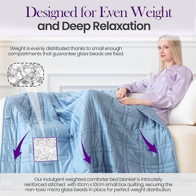 Weighted Blanket for Adults (20 lbs, 60”x80”, Blue) Queen Size. 100% 300TC Viscose, Derived from Bamboo-Premium 7 Layer Cooling Weighted Blankets. Breathable Blanket with travel bag & Machine Washable