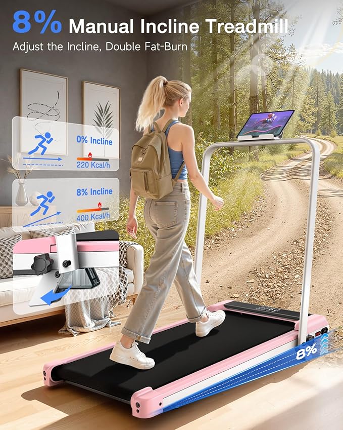 2 in 1 Walking Pad with Handle Bars, 8% Incline Foldable Treadmills for Home Office Ultra Quiet <40dB, 3.5 HP Portable Walking Jogging Running Machine with LED Display & Remote, 320+LB Capacity