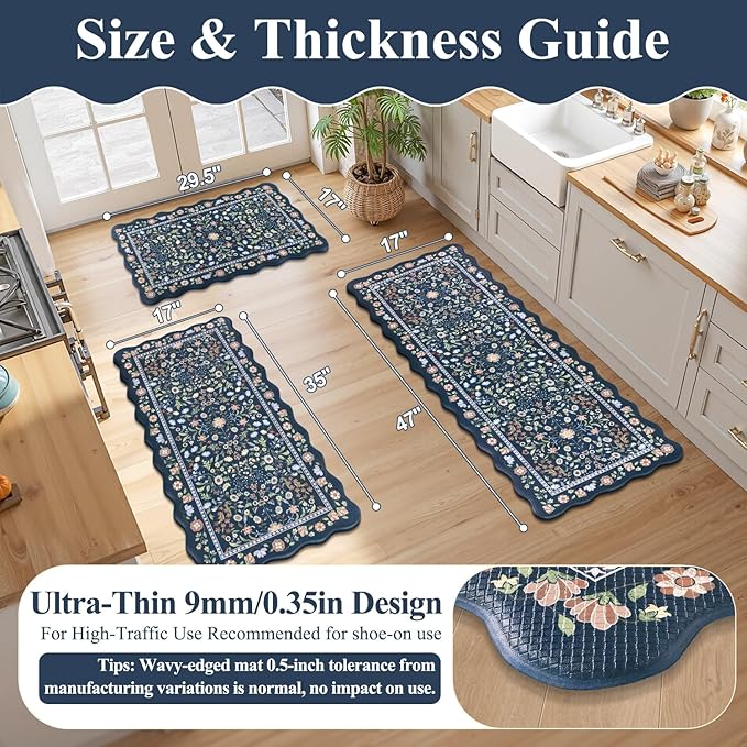 Yamaziot Anti Fatigue Kitchen Rugs Set of 3 - Boho Non Slip Waterproof Kitchen Mats for Floor, Boho Runner Rug for Kitchen Floor, Laundry, Desk, Bar, Office, 17.3"x29"+17.3"x35"+17.3"x47", Blue