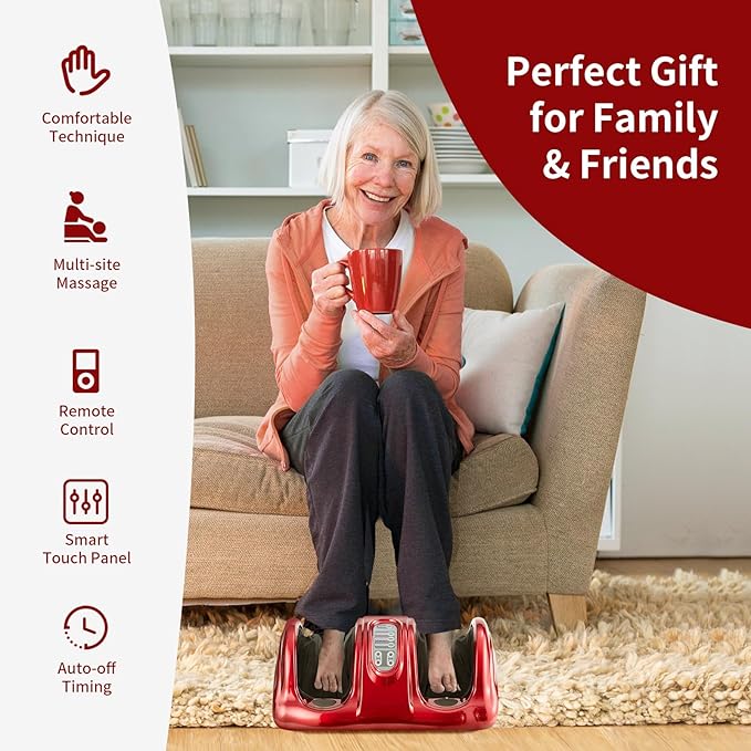 Giantex Shiatsu Foot Massager Machine for Feet, Leg Calf Ankle, Nerve Pain Therapy Spa Gift Deep Kneading Rolling Massage, Electric Shiatsu Foot Massager w/Remote, 4 Modes, Red