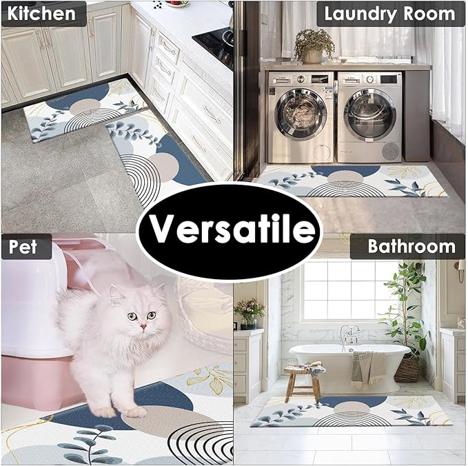 Kitchen Mats for Floor 2 PCS, Anti Fatigue Mat Set, Boho Cushioned Non Slip Waterproof Kitchen Rugs, Wipe Clean PVC Leather Runner for Sink, Laundry, Office, 17"x47"+17"x29", Blue